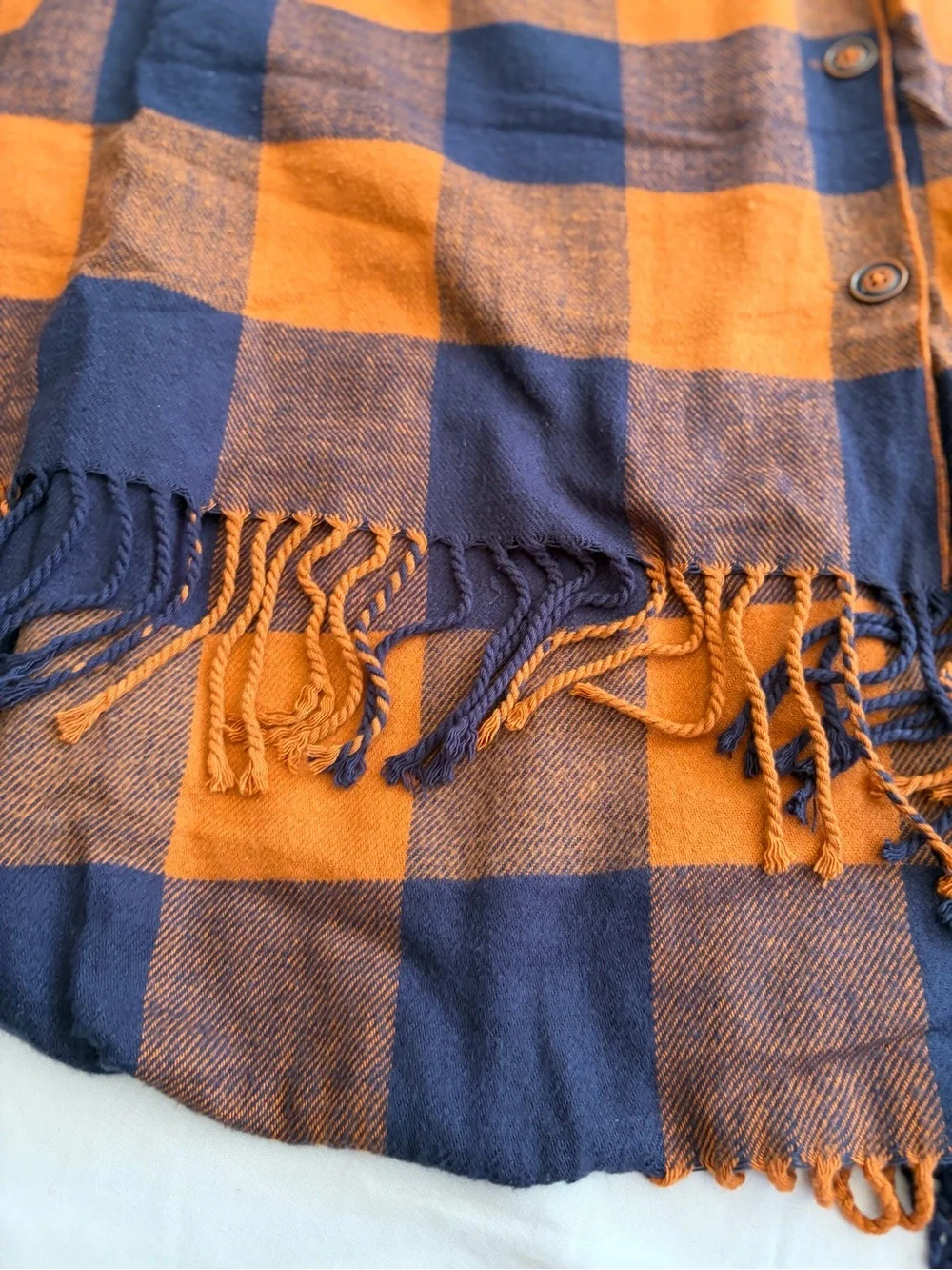 Matilda Jane Warm Sunset Poncho One Size Navy Orange Buffalo Plaid Fringe